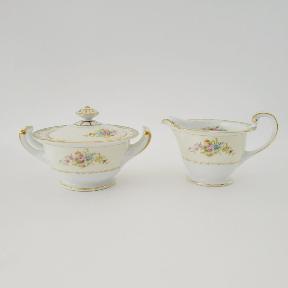 Rose China Occupied Japan Creamer & Sugar Bowl, RO1 Cream, White, Blue, 1945-48